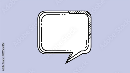 Hand-drawn rectangular speech bubble with a simple line art style and hatched shading, isolated on a light purple background.