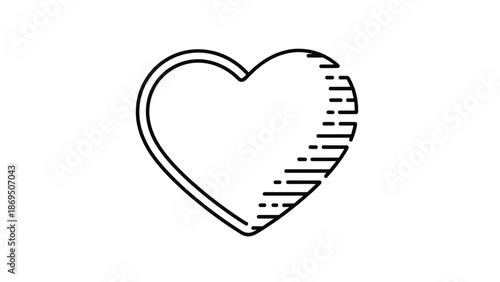 Minimalist and modern heart icon with a bold outline, featuring striped line shading on one half for a stylish effect.