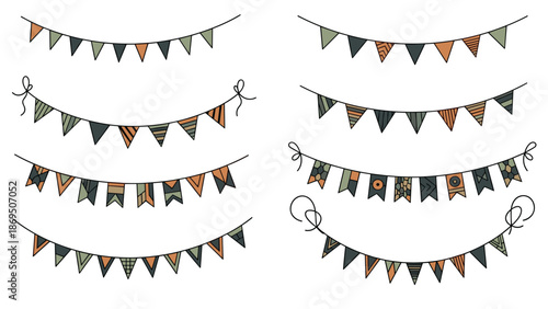 Colorful collection of hand-drawn doodle bunting banners with various geometric and abstract patterns for party decorations.