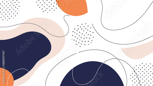 Modern abstract background with a composition of colorful organic shapes, flowing lines, and scattered doodle confetti patterns.