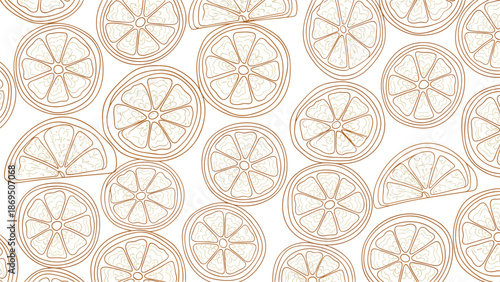 Elegant seamless pattern of citrus fruit slices in a delicate golden brown outline style on a clean white background design.