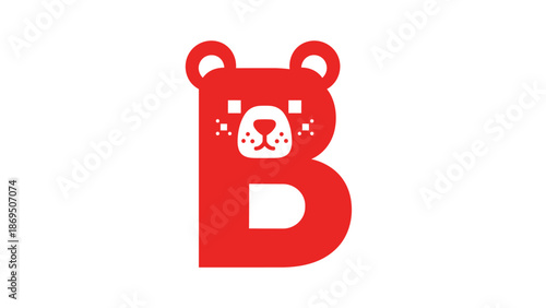 Cute and simple animal alphabet design featuring a friendly bear face integrated into a bold, red capital letter B for kids.