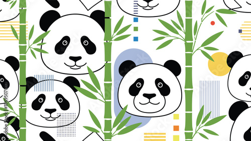 Cute and playful seamless pattern featuring cartoon panda faces, green bamboo stalks, and abstract geometric shapes for kids.