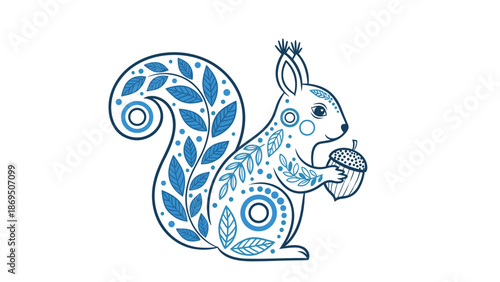 Charming illustration of a squirrel holding an acorn, decorated with intricate blue floral and geometric folk art patterns.