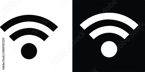 Wireless internet signal icons in black and white representing digital connectivity and technology available for online communication