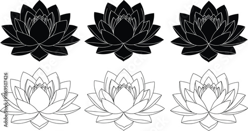 Black and white lotus flower vector illustration set, symmetrical floral icons collection, minimal outline and solid design for yoga, meditation, spa branding