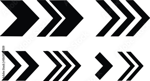 Collection of black and white chevron arrows pointing to the right isolated on white background for design and navigation concepts