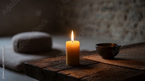 A serene lit candle on a wooden table surrounded by stones in a peaceful environment
