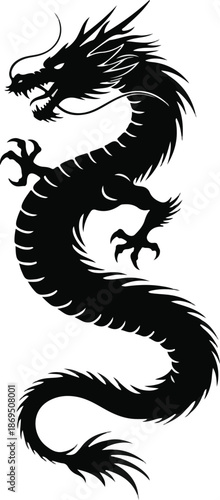 Majestic Black Dragon Silhouette Artwork Depicting Mythical Creature with Powerful Serpentine Body and Fierce Expression