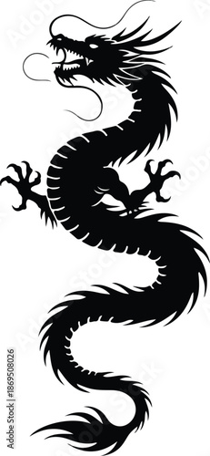Elegant black dragon silhouette on white background symbolizing mythical creature strength power and fantasy art design