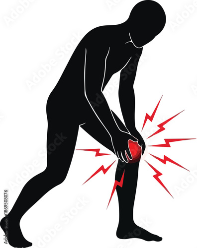 Silhouette of a person experiencing knee pain holding the joint with red pain lines emphasizing discomfort or injury