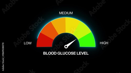 Animated Blood Glucose Gauge, Medium, Prediabetes, Diabetes Needle Indicator for Health Videos.Blood Glucose Level Meter, Health Meter for Blood Sugar Levels. Motion graphics of alert meter