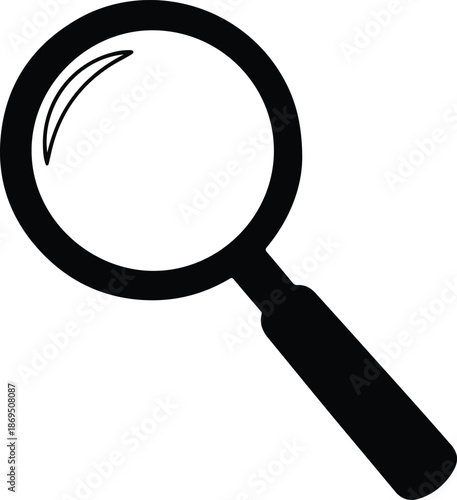 Close up of a black magnifying glass with a white background for search analysis research marketing technology or education themes