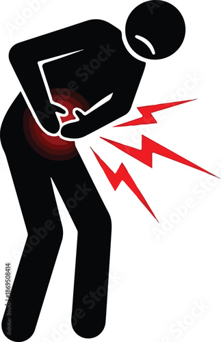 Illustration of a person experiencing lower abdominal or pelvic pain with red lightning bolts indicating discomfort or injury