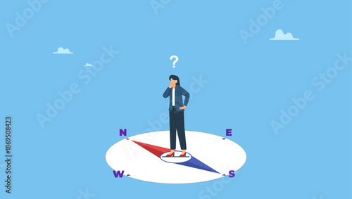 Confused businesswoman in the middle of compass thinking which way to go. Lost direction, frustrated to make decision or challenge to find right solution, unknown career path or work guidance.