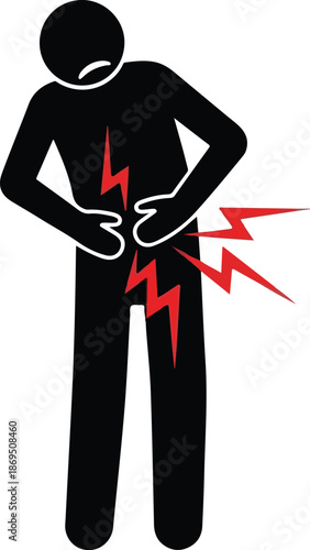 Illustration of a person experiencing lower back pain holding their back with red warning signals highlighting discomfort and injury