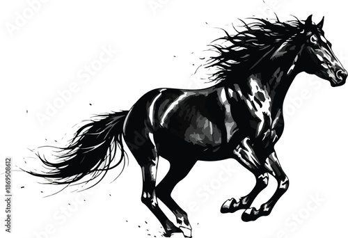 Powerful black horse running freely on a white background emphasizing strength and freedom in dynamic motion