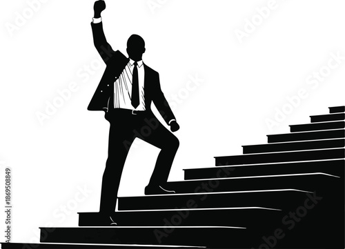 Businessman in suit climbing stairs symbolizing career growth success and determination in the workplace