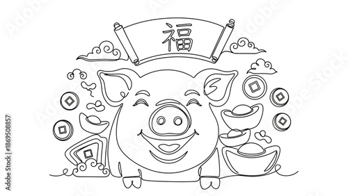 happy pig with chinese new year elements