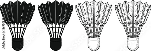 Collection of Badminton Shuttlecock Vector Illustration with Hand Drawn Sketch and Black Silhouette Set for Sports Equipment Branding and Tournament Graphic Design