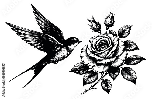 Hand drawn nature elements set featuring a flying swallow and an open rose with buds for seasonal or decorative designs