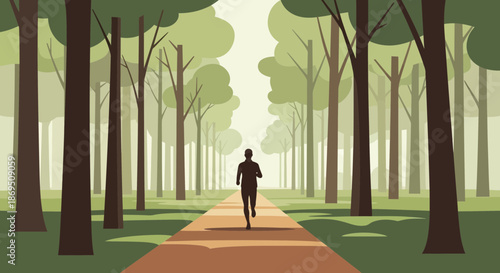 Silhouette of a runner in a serene forest landscape promoting fitness and nature integration