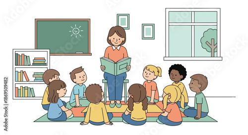 Teacher reading to a group of children in a classroom during storytelling session illustration