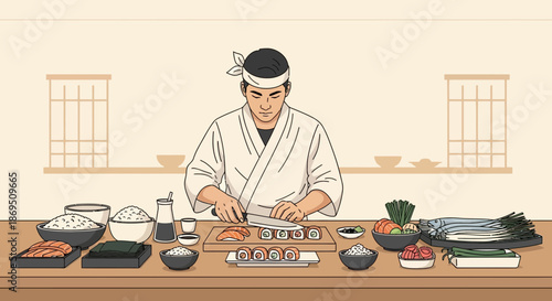 Traditional japanese chef preparing sushi rolls with precision and expertise in restaurant