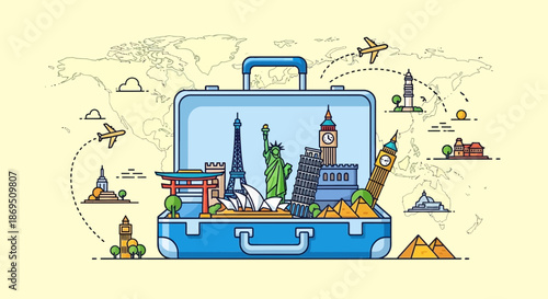 Travel the world suitcase filled with landmarks representing global destinations and adventures