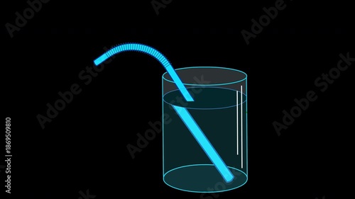 Refraction of light. Pipette, in a glass cup filled with water appears twisted. Bending light rays. Lens effect and change of angle of light. Educational animation video