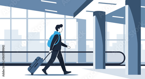 Traveler in airport terminal with luggage and backpack, blue vector illustration for travel
