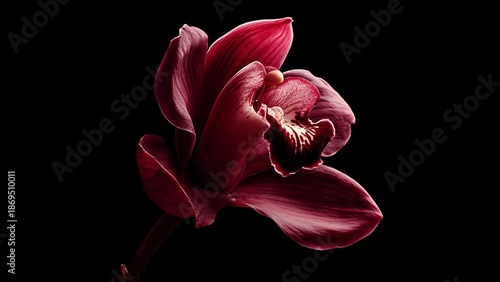 Moody Portrait of a Deep Red Orchid Blossom Against a Black Background