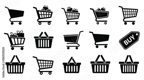 Collection of shopping carts and baskets in varying styles silhouette