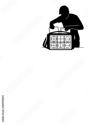 Bento Grid Modular Organization Silhouette. Person Packing Bag with Geometric Compartments for 2026 Lifestyle and Productivity Trend Concept Vector.