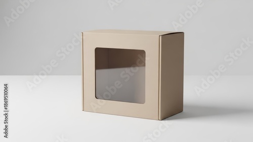 A cardboard box with a rectangular window, presented on a white surface