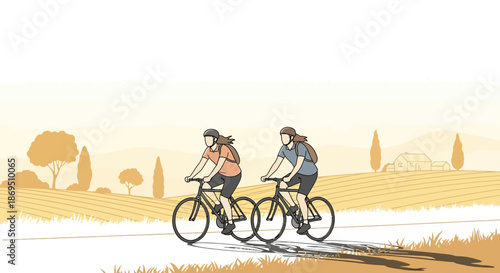 Two women enjoying a scenic bicycle ride through the countryside on a sunny day