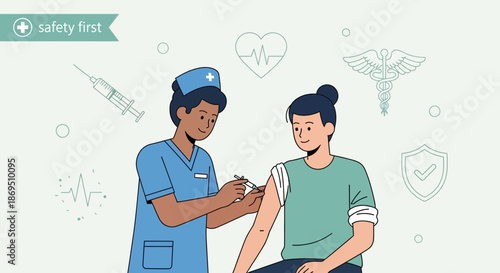 Vaccination illustration depicting a nurse administering vaccine to a patient offering protection