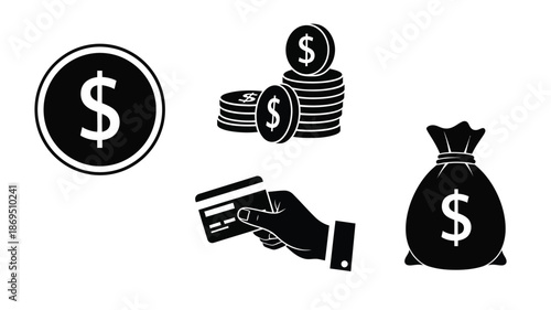 Financial icons featuring money cards and a bag a black silhouette