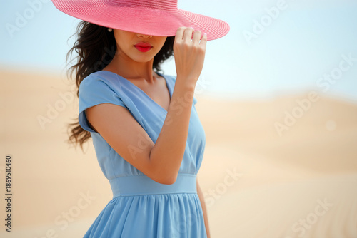A woman stands in a stunning desert location wearing a blue dress and a wide-brimmed pink hat, embracing the warmth of the sun. Generative AI.