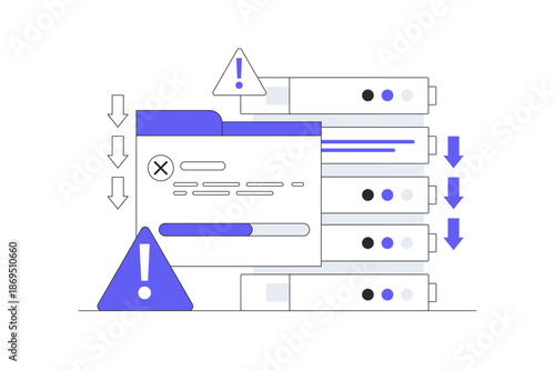 Server errors and failures. Poor Hosting Quality. Server Down. Traffic Flood, and DNS Issues. Service Disconnected. Server errors and failures. Flat Cartoon Vector Illustration, icon Stylish abstract 