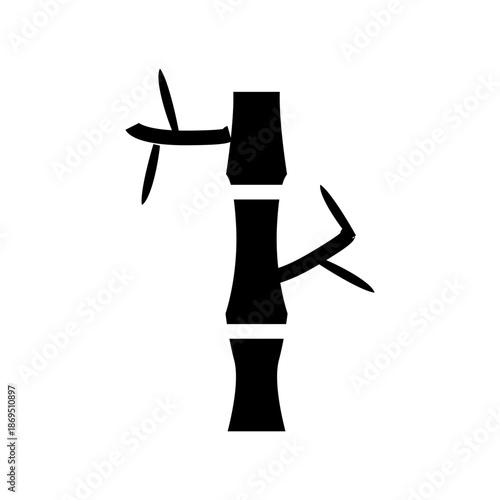 A black and white silhouette illustration of a bamboo branch with segmented nodes and small leaves.