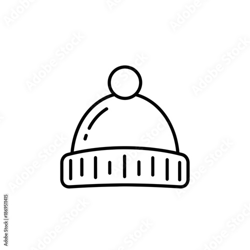 A simple line art illustration of a knitted winter hat with a pom-pom on top.
