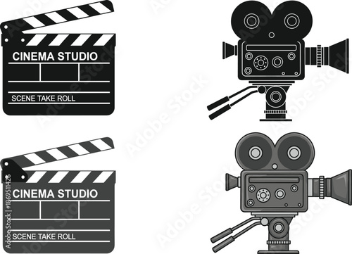 Cinema studio clapperboard and vintage film camera silhouette set for movie production filmmaking media vector illustration