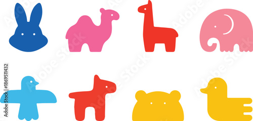 Cute Minimalist Animal Icons Set. Colorful Vector Illustration for Kids Elephant, Rabbit, Llama, Duck, Bear, Bird, Camel, Horse