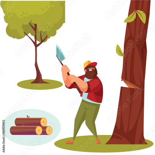 vector illustration of a man cutting down a tree using an axe