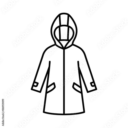 A simple black and white line drawing of a hooded raincoat with pockets and cuffs.