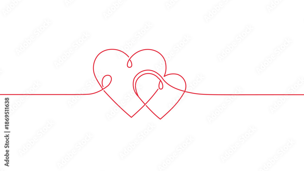 Fototapeta premium Red two hearts continuous line art banner minimalist Valentine's day background vector