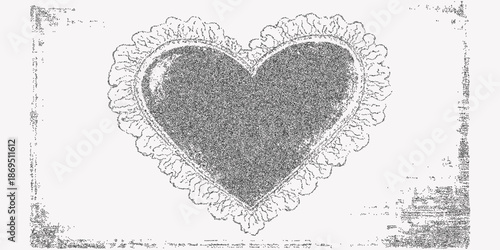 Heart print with lace frills and delicate stipple dots, overlaid with subtle grain, dusty speckles and vintage paper texture for a soft grunge romantic design.