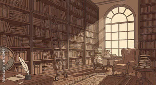 Vintage library illustration with towering bookshelves globe feather and sunlight streaming