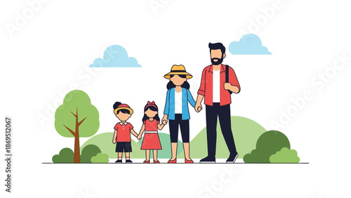 A fourperson family walks outdoors with trees and hills in the background